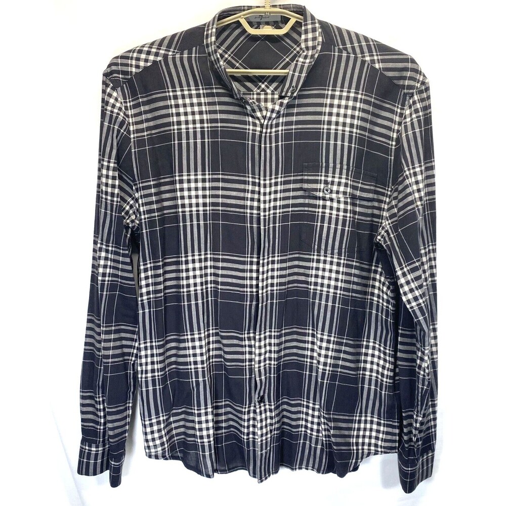 7 For All Mankind Women's XL Blouse Long Sleeve Semi Sheer White/Black Plaid Top